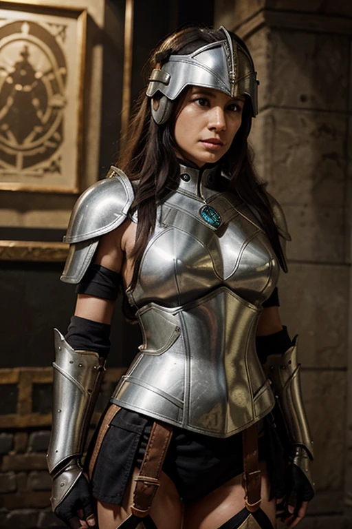 Generates an image of an Amazon woman in full armor. The Amazon must be dressed in detailed armor, that completely covers your body, including helmet, front, shoulder protectors, Gloves and Boots. A medieval queen&#39;s crown adorned with jewels, The armor should have a stylish yet practical design., with metal and leather details, and a finish in metallic tones such as silver or bronze. The woman must have a decisive and powerful stance, with a facial expression that denotes courage and strength. Your hair should be tied or gathered neatly.. The background can be a natural landscape, like a forest or a plain, to complement the image of an Amazon warrior in her natural environment