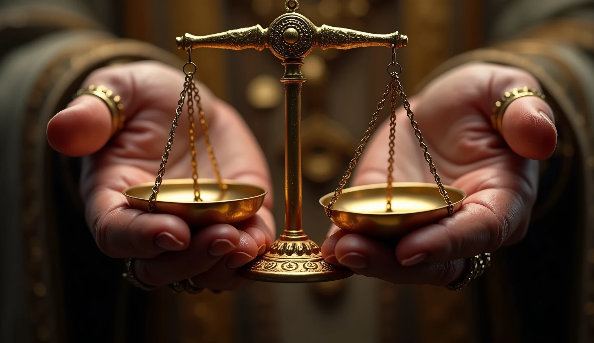 Create a hyper-realistic and mysterious image of Solomon's hands holding an ancient golden scale, symbolizing the justice and balance necessary to achieve true prosperity. The scale must be detailed, with finely crafted weights, and Solomon's hands shall be adorned with rings of gold. The background should be softly blurred, with a soft golden light that highlights only the hands and the scales, creating a focus on the mystery and importance of balance in financial life.