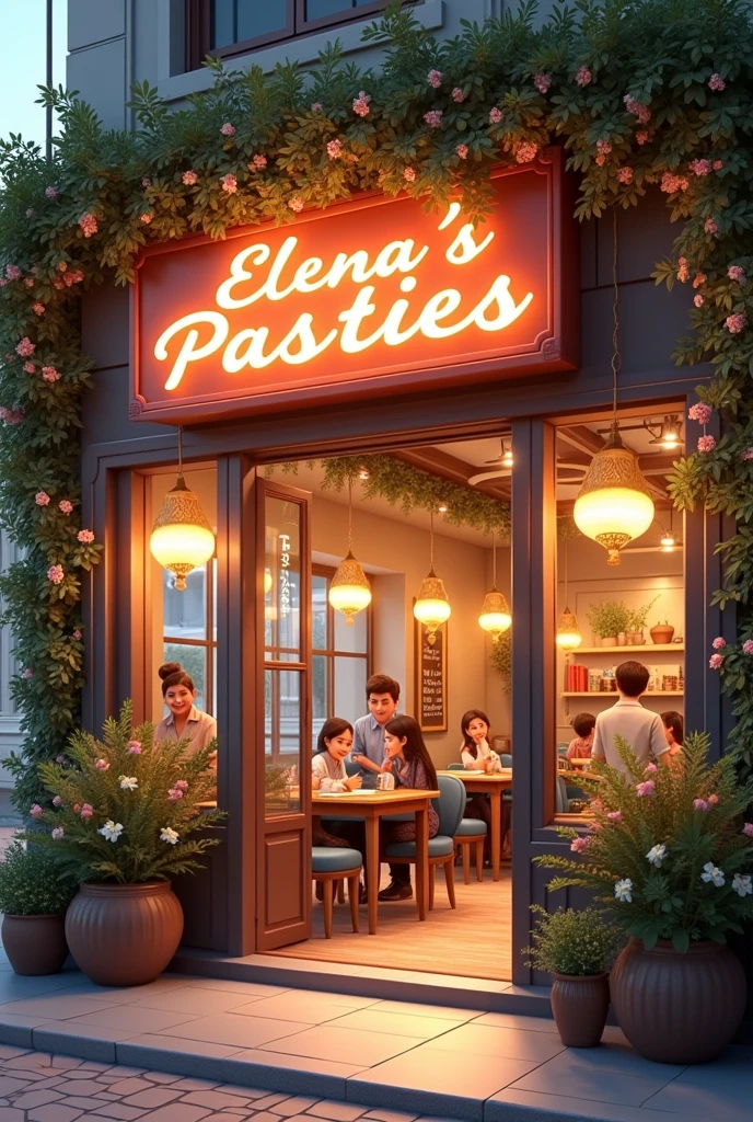Cafeteria with a sign that says "Elena's Pastries" In the outside