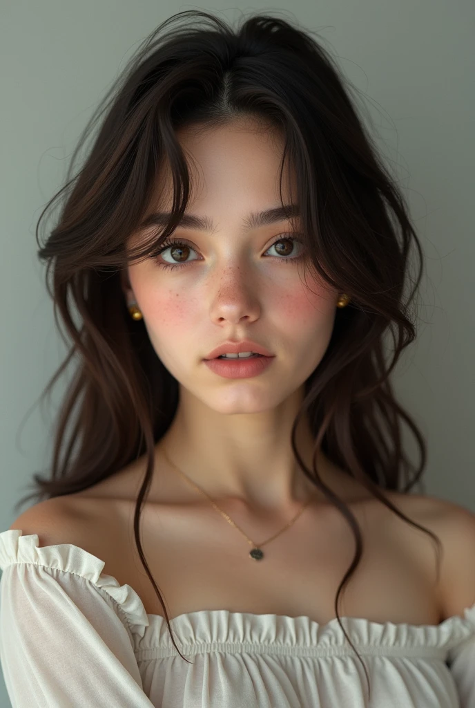 Realistic 19 year old Chilean girl with dark brown hair and eyes and light complexion, not very attractive