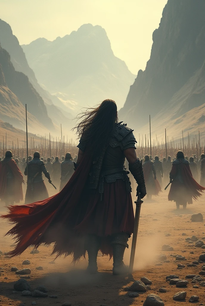 Create a photo of a lonely warrior who has long dark hair standing and ready to fight a huge army of enemies against him