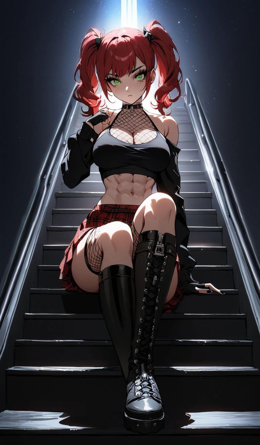 woman, stoic, curly red hair in pig tails, green eyes, black eyeshadow, wearing crop top black shirt, black hoodie, red plaid skirt, black knee high zipper boots, black fingerless gloves, exposed shoulders, large breasts, freckles, abs, cleavage, looking down at viewer, cinematic lighting, masterpiece, best quality, Holo-Punk Style, sitting on stairs, make up, eyelashes, fish net undershirt, fish net stockings, (full body), legs crossed