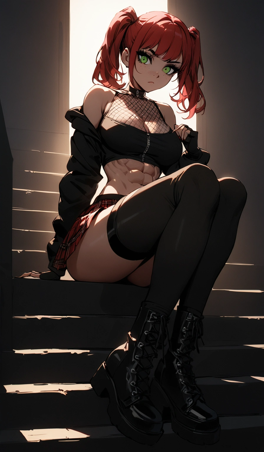 woman, stoic, curly red hair in pig tails, green eyes, black eyeshadow, wearing crop top black shirt, black hoodie, red plaid skirt, black knee high zipper boots, black fingerless gloves, exposed shoulders, large breasts, freckles, abs, cleavage, looking down at viewer, cinematic lighting, masterpiece, best quality, Holo-Punk Style, sitting on stairs, make up, eyelashes, fish net undershirt, fish net stockings, (full body), legs crossed