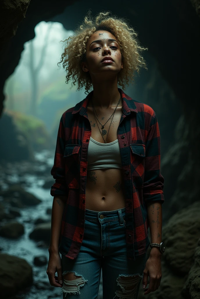 Photographie d&#39;une femme, (expression faciale troublée), peau texturée, chair de poule, cheveux afro blonds, chemise en flanelle à carreaux avec un jean boyfriend vieilli, tir de cow-boy, grotte sombre et mystérieuse avec des formations rocheuses uniques et des merveilles cachées, yeux parfaits, (Aux chandelles,clair-obscur), Support 160 couleurs, tourné sur ARRI ALEXA 65, bokeh, mise au point nette sur le sujet, tourné par Don McCullin En maillot de bain 