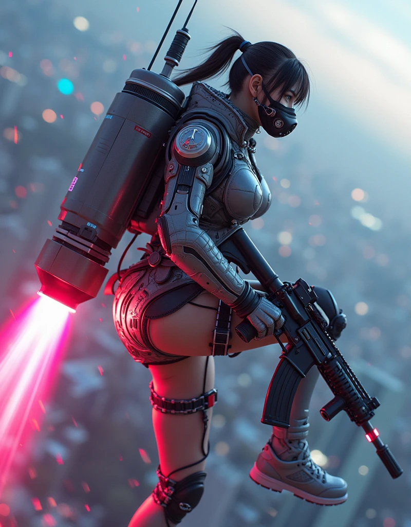 photo-realistic, ultra-realistic, very beautiful Japanese, famous Japanese idol, 20 years old, dramatic scene, masterpiece, beautiful eyes, (extremely intricated with extremely complex futuristic cyber punk mecha armored full-face gas mask:1.5), (wearing extremely intricated with extremely complex multi-layered cyber punk mecha armored bodysuits with neon marker:1.4), (She uses the ultra high power rocket engine on her back to flying high speed in the sky:1.5), amazing view from sky, surprising, acrobatic pose, dynamic angle, (shoot from behind), Nimble movements, Sharp turns, (very large breasts), (Fully equipped for battle:1.3), (holding m4a1 large assault rifle:1.2),