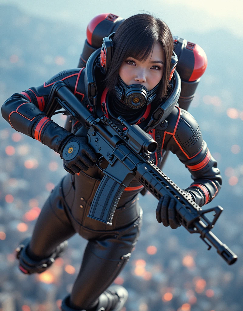 photo-realistic, ultra-realistic, very beautiful Japanese, famous Japanese idol, 20 years old, dramatic scene, masterpiece, beautiful eyes, (extremely intricated with extremely complex futuristic cyber punk mecha armored full-face gas mask:1.5), (wearing extremely intricated with extremely complex multi-layered cyber punk mecha armored bodysuits with neon marker:1.4), (She uses the ultra high power rocket engine on her back to flying high speed in the sky:1.5), amazing view from sky, surprising, acrobatic pose, dynamic angle, (shoot from behind), Nimble movements, Sharp turns, (very large breasts), (Fully equipped for battle:1.3), (holding m4a1 large assault rifle:1.2),