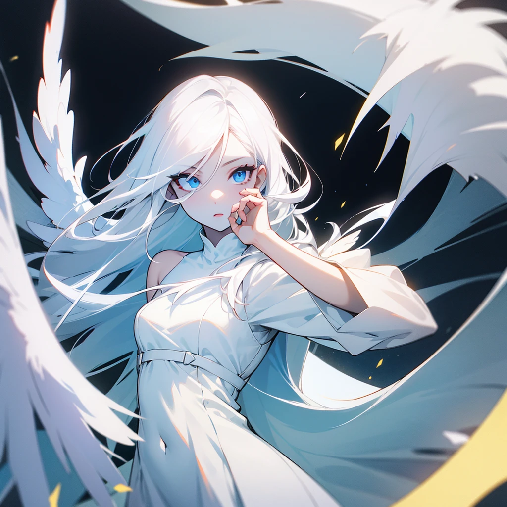 A woman, cyclops eye on his face, totally white skin, White dress, long white hair, and angel wings.