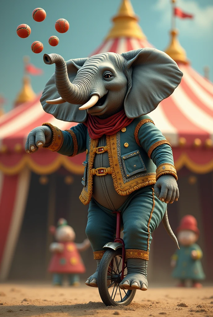 an elephant juggling on a unicycle