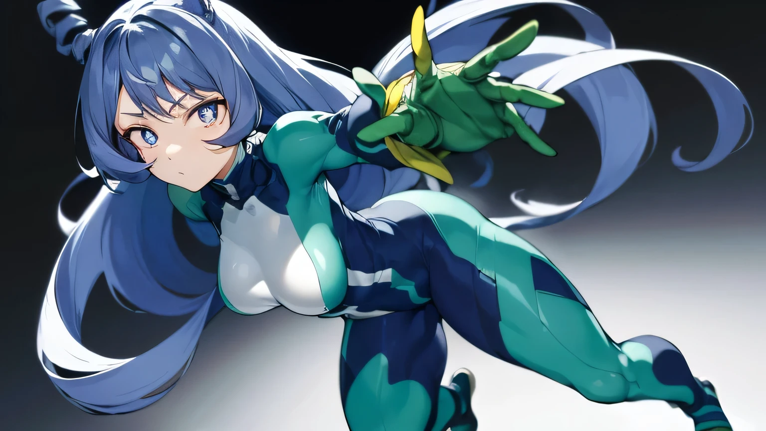 Nejirehadu, Nejire Wave, blue eyes, blue hair, long hair,
壊す blue body suit, body suit, drill hair, gloves, green body suit, multicolored body suit, colorful clothes, yellow gloves,
((壊す full body)),squat,spread your legs,arms up behind,
break white background,Break from below,looking down,lower your gaze,
breaking dynamic shot,kung fu pose,highest quality, High resolution, unity 8k wallpaper, (shape:0.8), (beautiful and detailed eyes:1.6), highly detailed face, perfect sentence, Detailed CG, (perfect hands, perfect anatomy),