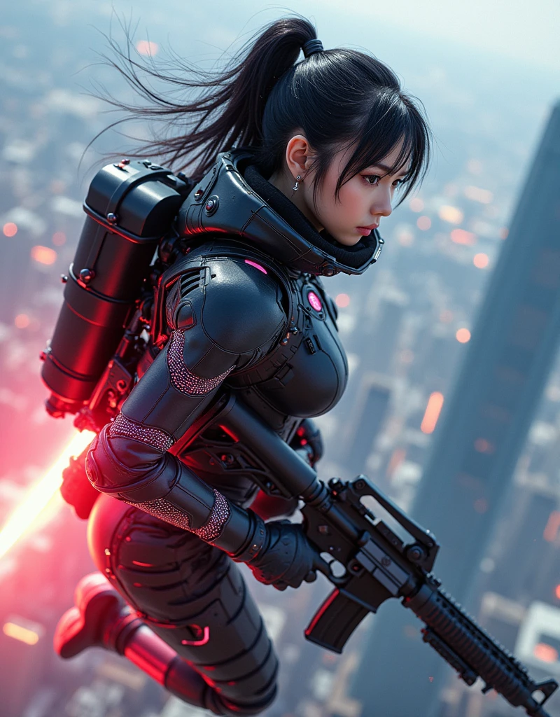photo-realistic, ultra-realistic, very beautiful Japanese, famous Japanese idol, 20 years old, dramatic scene, masterpiece, beautiful eyes, (extremely intricated with extremely complex futuristic cyber punk mecha armored full-face gas mask:1.5), (wearing extremely intricated with extremely complex multi-layered cyber punk mecha armored bodysuits with neon marker:1.4), (She uses the ultra high power rocket engine on her back to flying high speed in the sky:1.5), amazing view from sky, surprising, acrobatic pose, dynamic angle, (shoot from behind), Nimble movements, Sharp turns, (very large breasts), (Fully equipped for battle:1.3), (holding m4a1 large assault rifle:1.2),