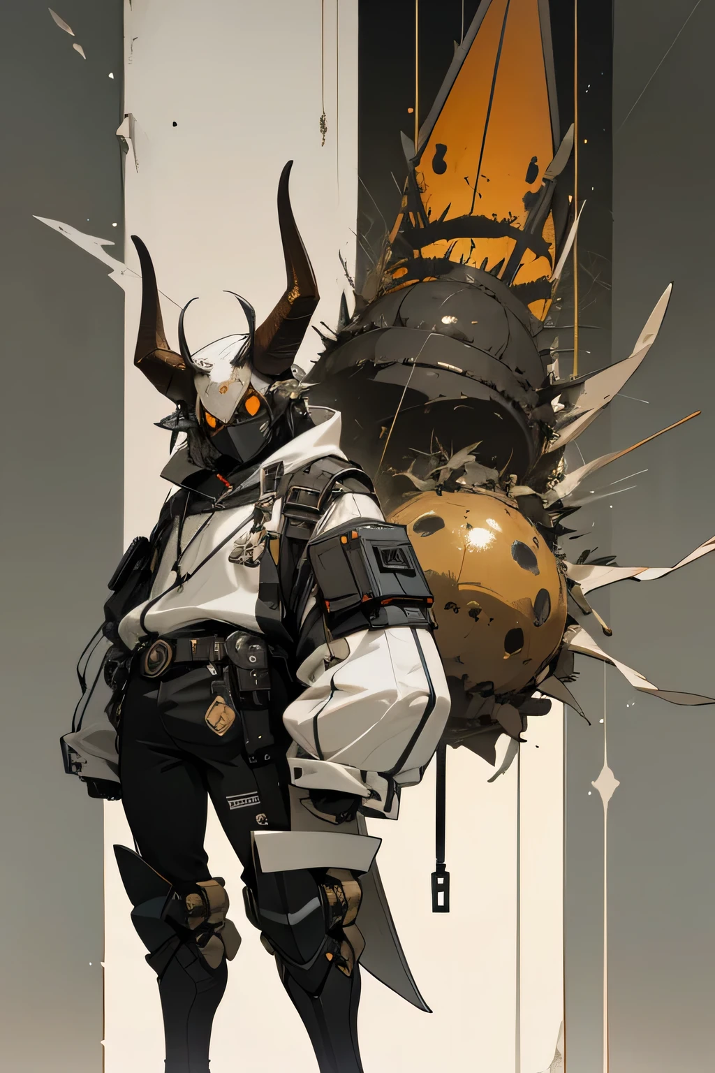 Create an image fusing the character style from the first image with a Hercules beetle. The character should keep the anime-style art and urban outfit, with beetle-like features. Include beetle horns on the head and integrate an exoskeleton texture subtly into the clothing and skin, while maintaining the original urban, moody atmosphere.
