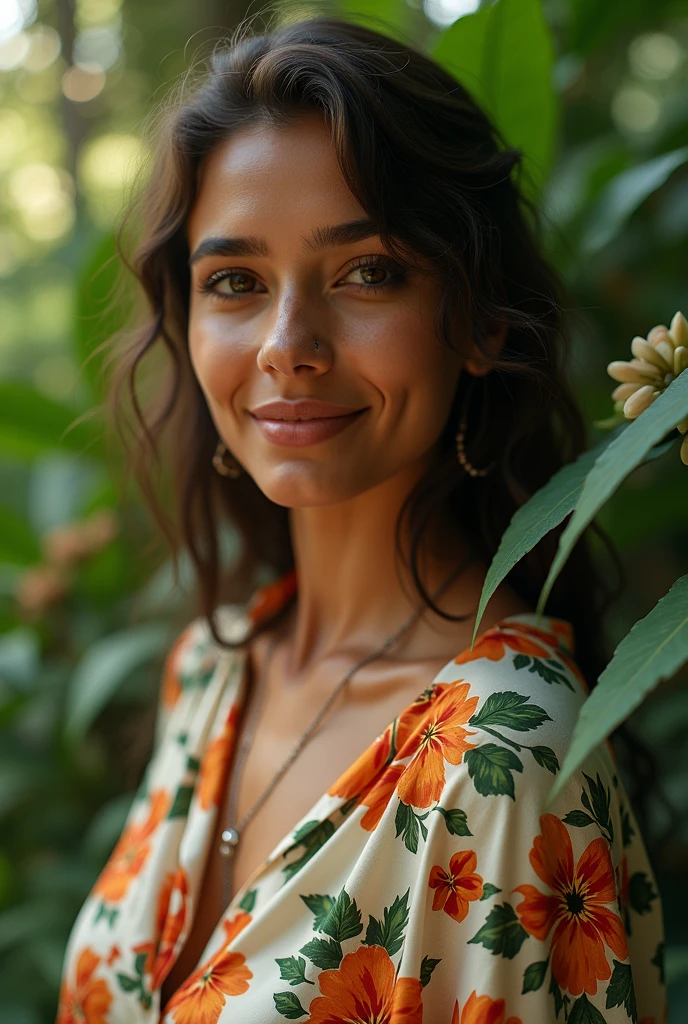 A Brazilian woman in a lush tropical garden, wearing an open shirt with a floral print, with a close-up capturing the harmonious beauty between her breasts and the natural flowers, showing off your natural charm and outgoing personality.