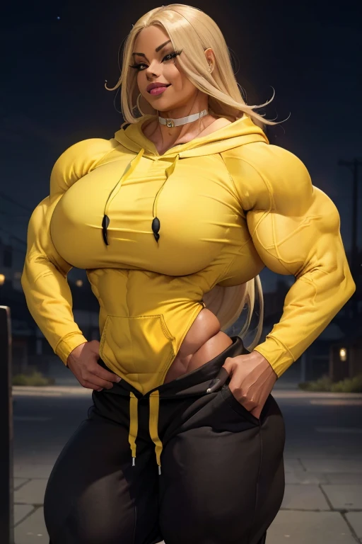 (((Close-up))), tall, (yellow hair) beautiful muscular latino woman, long flowing hair, light brown skinned, large breast, closed smile, (black lipstick), (massive muscles), (hyper muscle), ((ginormous bulky muscles)), gray eyes, ((((yellow long sleeve hoodie)))), (((jogging pants))), choker, sneakers, (in a night town), 