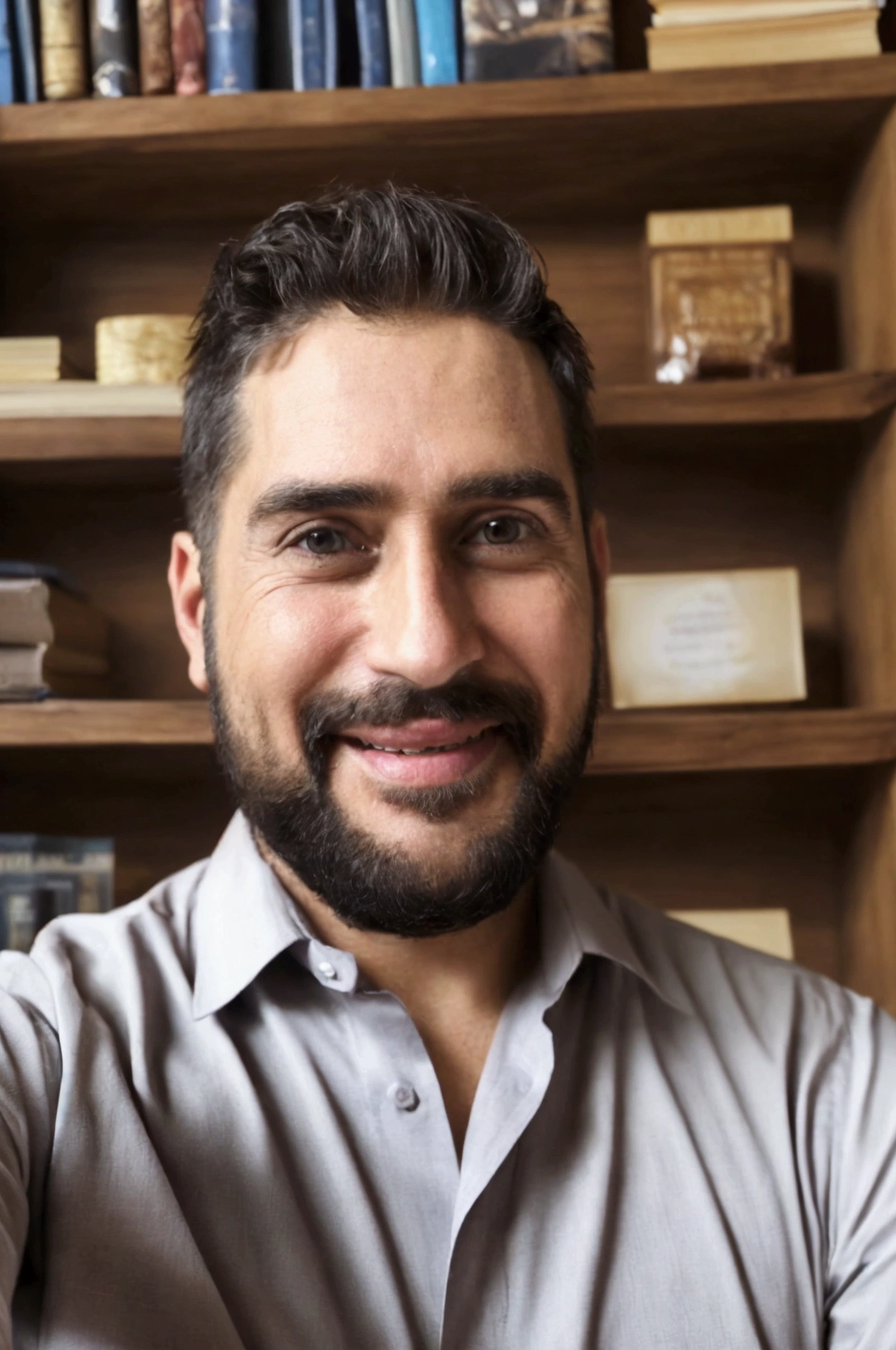 handsome man with mature face, unshaven beard, short cut hair, looking at selfie, slightly-smile , wearing a formal shirt. background image with some books on the shelf, with an expression of happiness and celebration on his face, vibrate with your hands