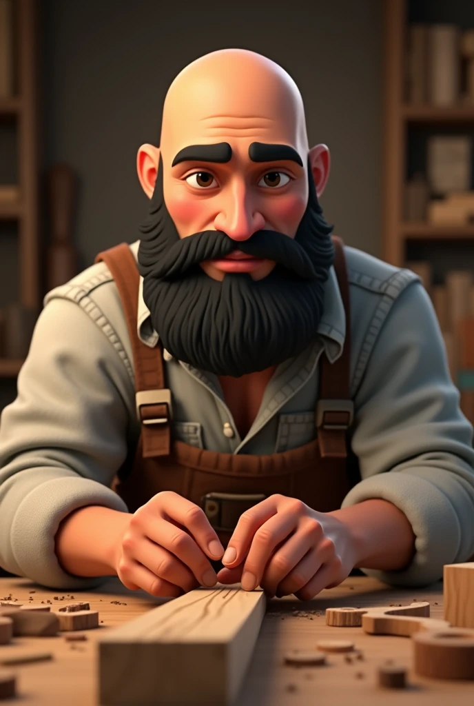 Handsome animated bald man with black beard making crafts with wood so that his shoulders and face can be seen from the front as if for a personal identification photo 

