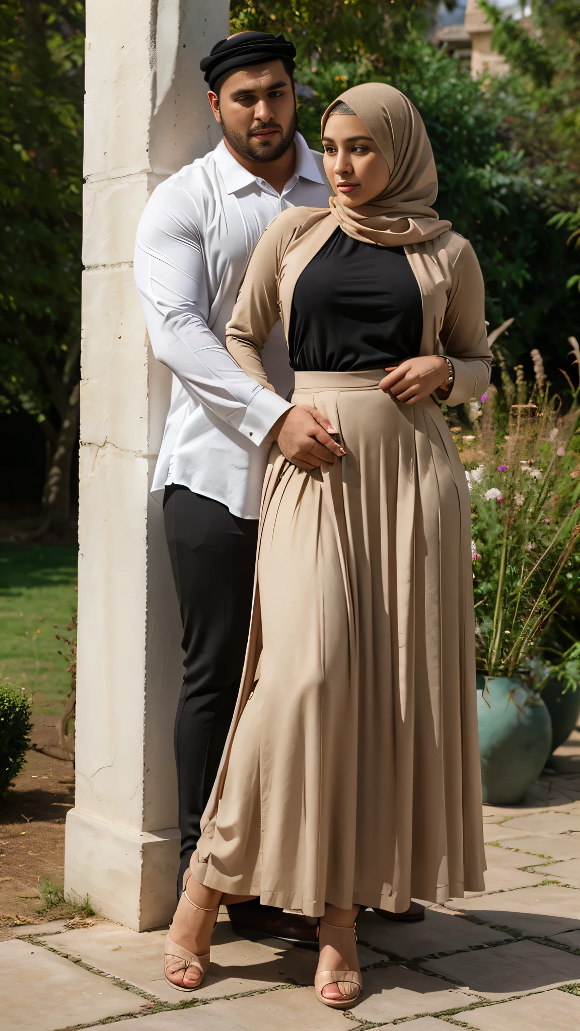 A delicate and cute arabic man crossdressing as a woman wearing perfect hijab with A large man, 190 cm tall, holding the woman's waist ,curvy and wide hips, ameteur photo, woman in a black skirt and a beige blouse, long skirt,  dress, high-waist-black-skirt, hijab, with lovely look, modest flowing gown, pleated skirt,  style, serena malyon, long tight dress female,tight dressed in long fluent skirt, full body picture, wearing a long flowy fabric, black skirt.leggings, in the garden , and 