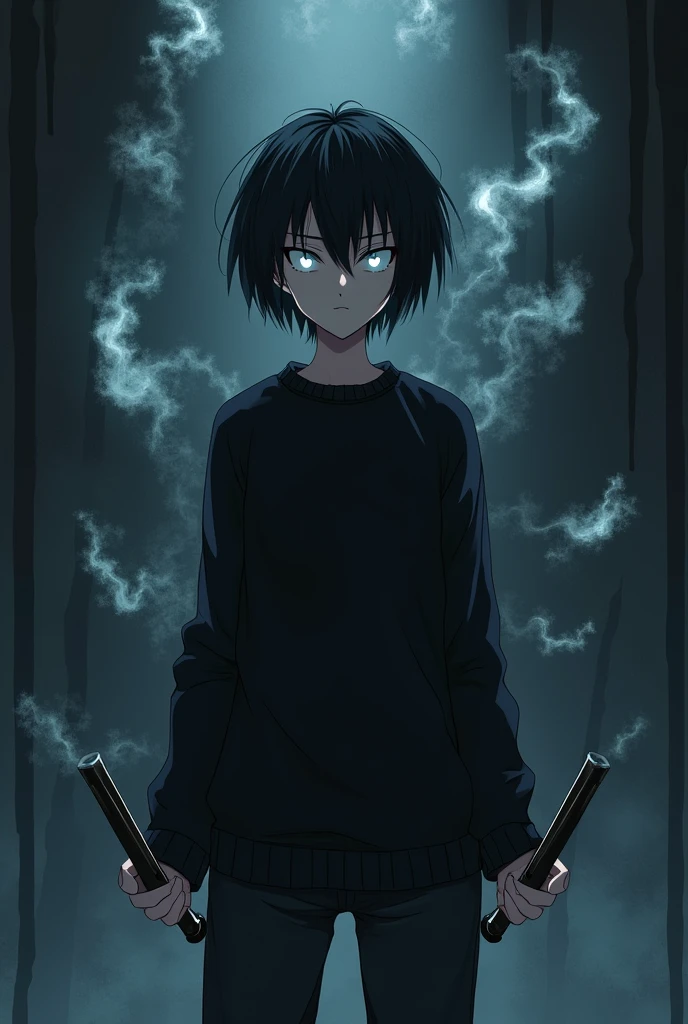 Make a character in the style of My Hero Academia who has a black sweater and white eyes and totally black hair and with daggers in his hands and with short hair and a serious face and pale skin and who uses his power of darkness that he envelops in his dagger