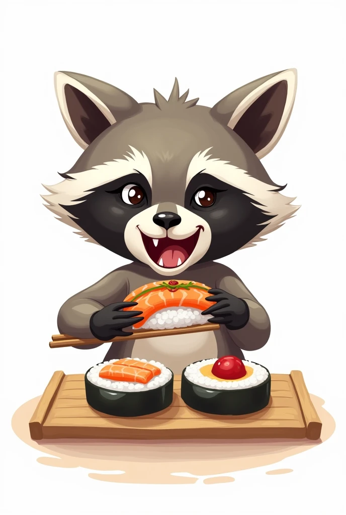 A 2D caricature illustration of a raccoon with only its face and its bent arm eating a piece of sushi with chopsticks. The raccoon's mouth is open. The background is white.