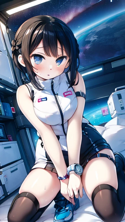 (Highest quality), (masterpiece), 1080P, High resolution, 4K, 8k, Inside the space station、Futuristic room、Thigh straps, Shooting from directly below, The woman on top of me, 白いSweat, Covered , Sweat, Woman looking down, Skirt swimsuit, Thigh-high socks, To achieve this, , , whole body, Black leather shoes, Braided hair, Inner Color, Embarrassed face, Short black hair, bracelet, Bedroom,celestial body_Vest
