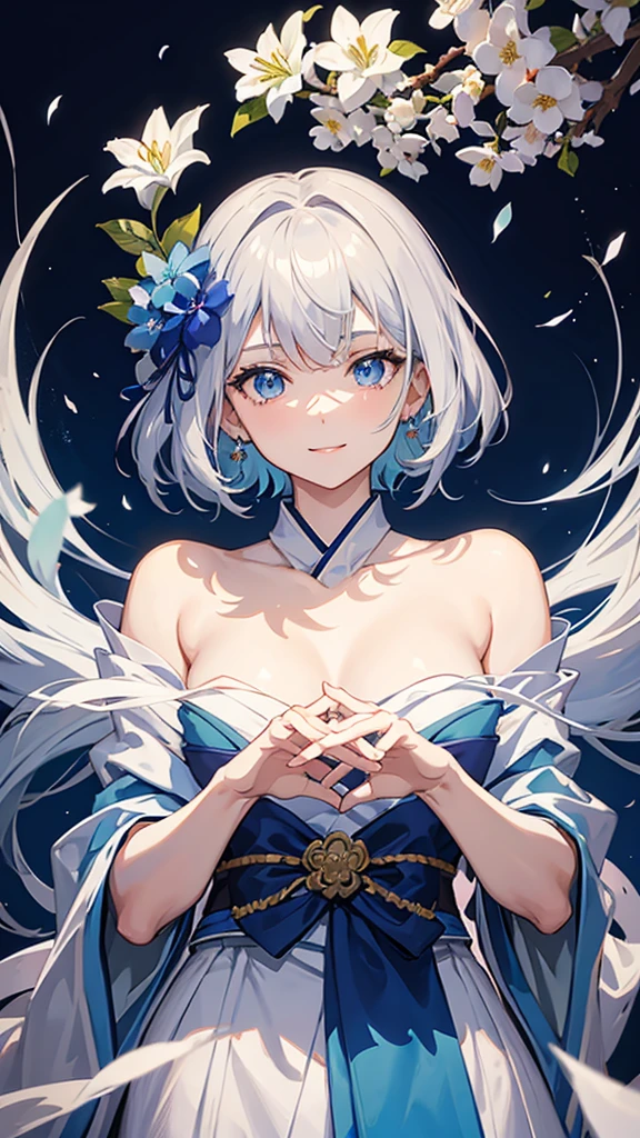 Anime character, half body only, upper body only, half body portrait, posing like a model, good looking, beautiful, full of details, aesthetic, hd, masterpiece art, amazing work. Solo, young lady, flat chest, short hair, flower accessories, bluish gray colored hair, Lady, blue eyes, smile, elegant look, elegant carrying, white Japanese kimono, blue decoration, Lily flower theme, eyes facing camera, hands outstretched forward, hands asking for a hand , simple background.