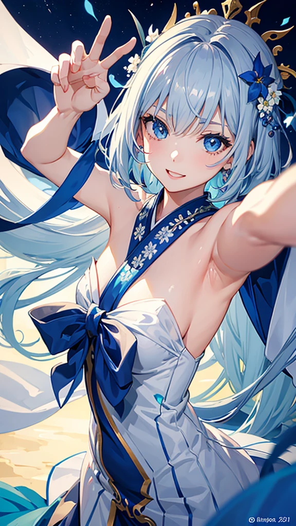 Anime character, half body only, upper body only, half body portrait, posing like a model, good looking, beautiful, full of details, aesthetic, hd, masterpiece art, amazing work. Solo, young lady, flat chest, short hair, flower accessories, bluish gray colored hair, Lady, blue eyes, smile, elegant look, elegant carrying, white Japanese kimono, blue decoration, Lily flower theme, eyes facing camera, hands outstretched forward, hands asking for a hand , simple background.