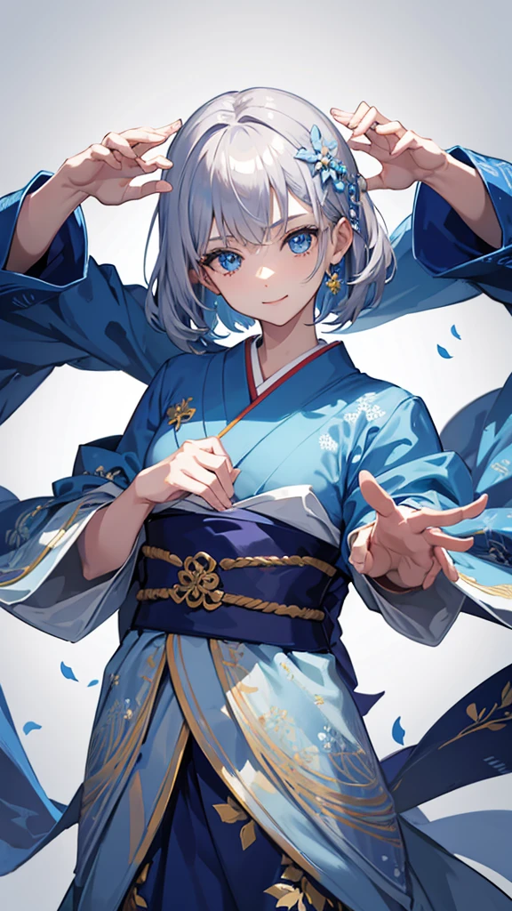 Anime character, half body only, upper body only, half body portrait, posing like a model, good looking, beautiful, full of details, aesthetic, hd, masterpiece art, amazing work. Solo, young lady, flat chest, short hair, flower accessories, bluish gray colored hair, Lady, blue eyes, smile, elegant look, elegant carrying, white Japanese kimono, blue decoration, Lily flower theme, eyes facing camera, hands outstretched forward, hands asking for a hand , simple background.