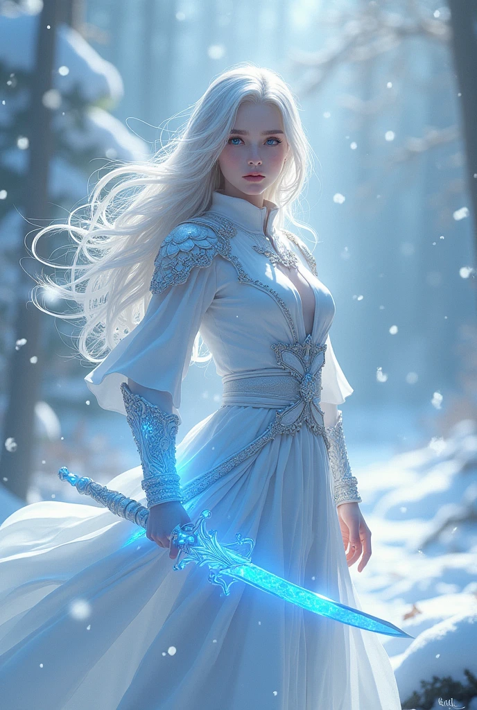 Anime girl with snow white hair, ocean blue eyes, white skin color, white warrior outfit, and with angel style. Holding a blue sword weapon
