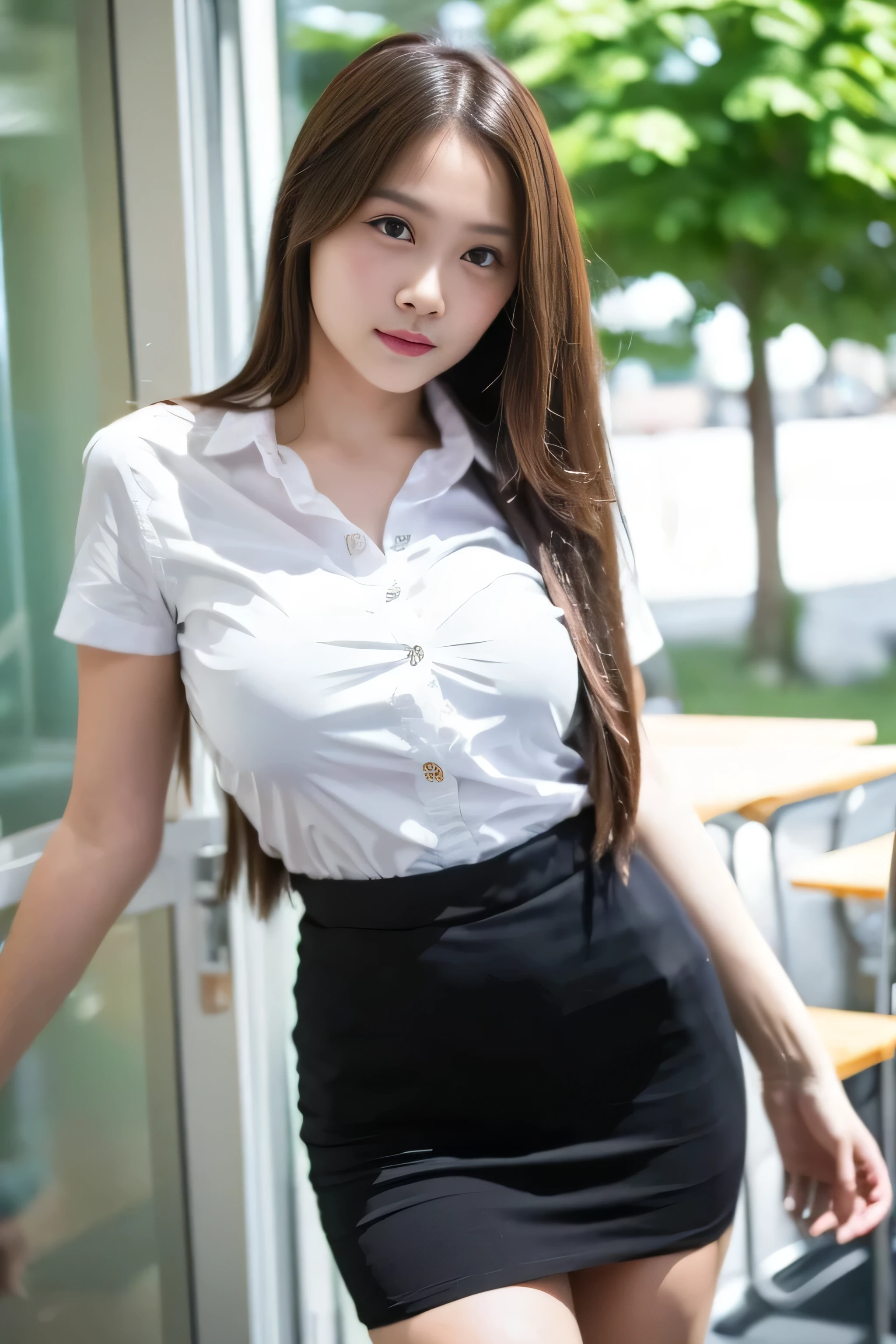 Close up,1 girl{{A beautiful woman wearing a white short-sleeved shirt and a short black A-line skirt}} , standing a sexy pose. with several lecture tables set up behind it There is a sliding glass window. There was evening light streaming into the room.