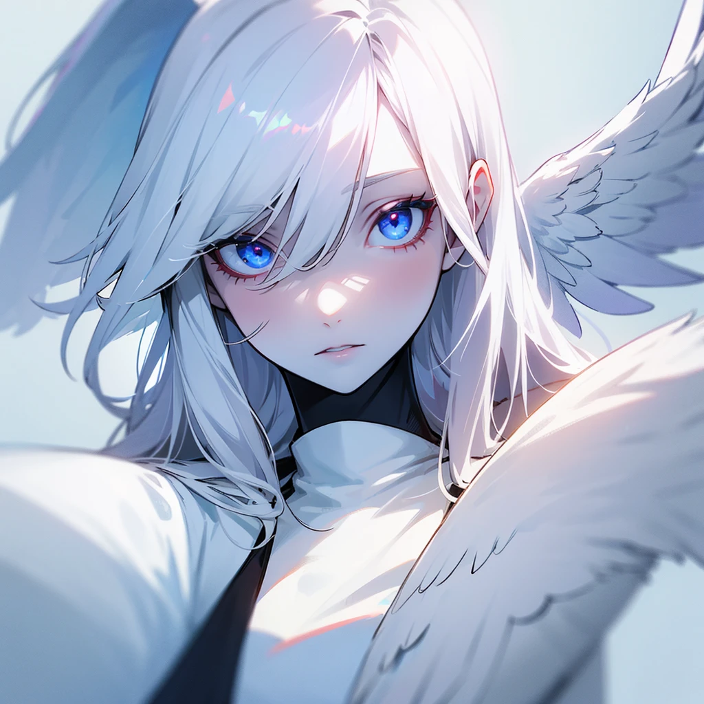 A woman, cyclops eye on his face, totally white skin, White dress, long white hair, and angel wings.