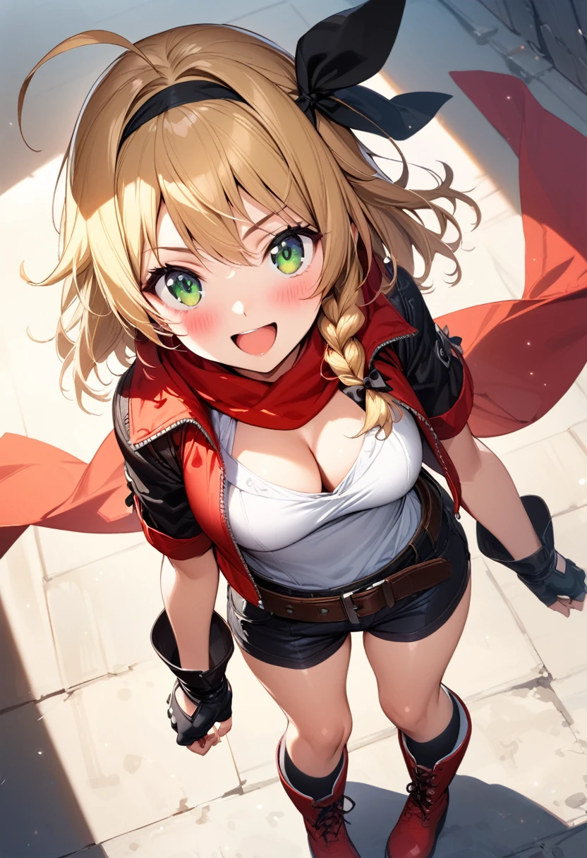 (masterpiece),(best quality),(ultra-detailed),(best illustration),(best shadow),(absurdres),(detailed background),(very aesthetic), 1girl, solo, blonde-hair, braid, boots, ahoge, shorts, gloves, fingerless-gloves, open-mouth, belt, socks, red-jacket, smile, breasts, black-socks, scarf, single-braid, reverse-grip jacket, side-braid, cleavage, medium-breasts, simple-background, kneehighs, green-eyes, looking-at-viewer, cropped-jacket, red-scarf, bandana, red-footwear, kirisame-marisa, blush, knee-boots, standing, short-hair, open-jacket, shirt, black-gloves, :d, short-shorts, short-sleeves