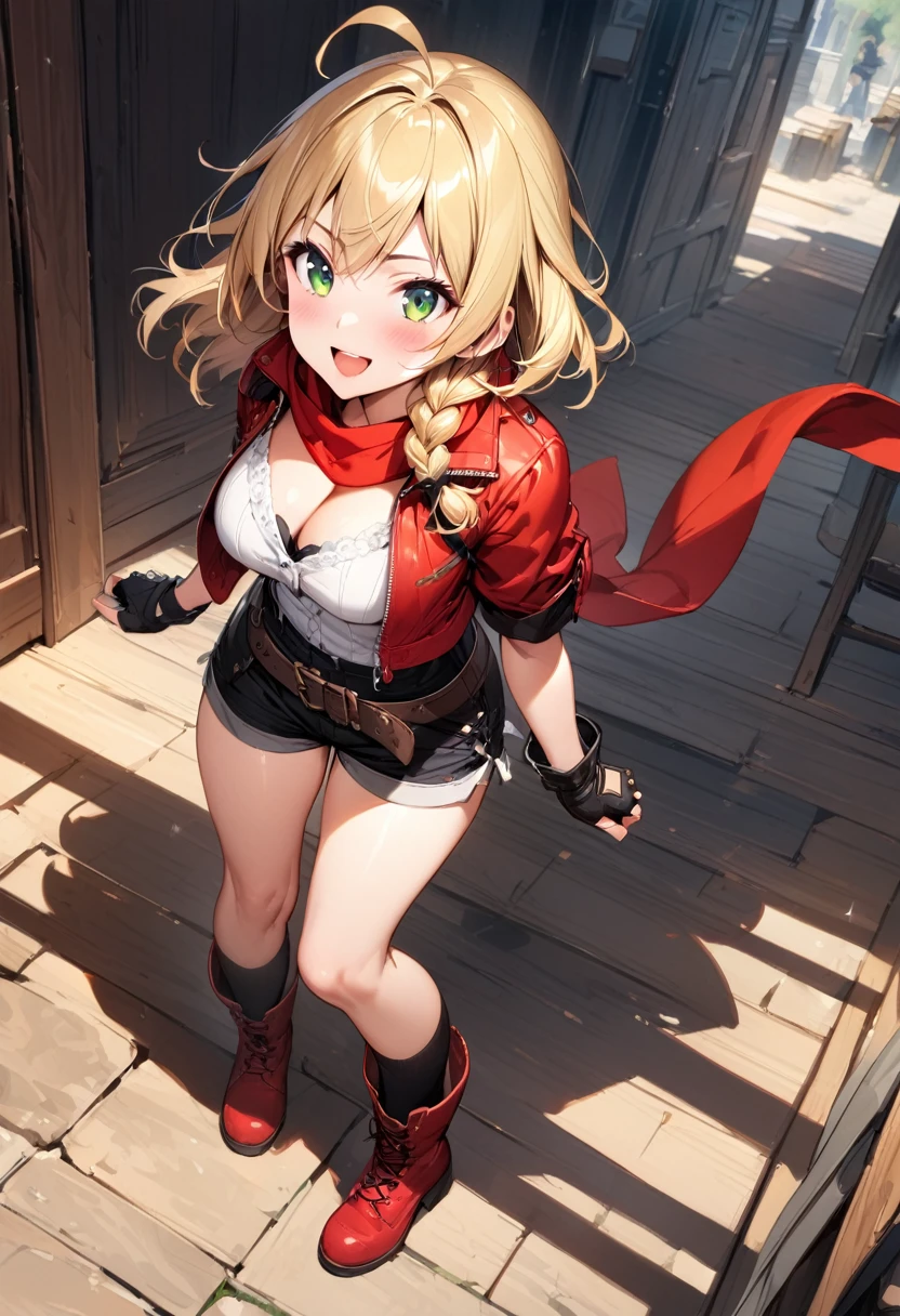 (masterpiece),(best quality),(ultra-detailed),(best illustration),(best shadow),(absurdres),(detailed background),(very aesthetic), 1girl, solo, blonde-hair, braid, boots, ahoge, shorts, gloves, fingerless-gloves, open-mouth, belt, socks, red-jacket, smile, breasts, black-socks, scarf, single-braid, reverse-grip jacket, side-braid, cleavage, medium-breasts, simple-background, kneehighs, green-eyes, looking-at-viewer, cropped-jacket, red-scarf, bandana, red-footwear, kirisame-marisa, blush, knee-boots, standing, short-hair, open-jacket, shirt, black-gloves, :d, short-shorts, short-sleeves