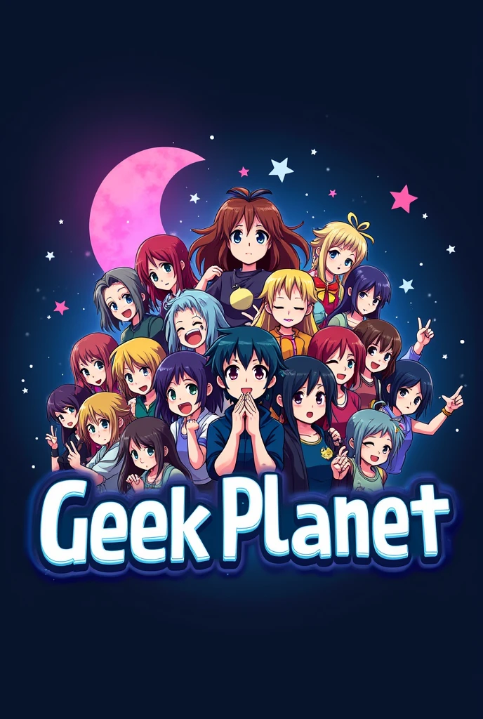 A logo referring to the geek planet with anime figures, of collectible movie and video game characters and original t-shirts, with a small pink and purple moon and star and the name geek planet in the middle 