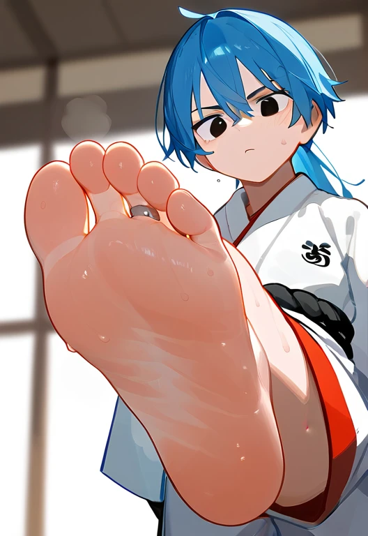 In the ring，一个可爱的男孩露出脚Low Angle，Lift one foot，One-leg stand，black eyes，boy，Blue Hair，There are bangs between the eyes, Blue Unicorn，black eyes，karate服，karate，Each foot has five toes，Foot 8，Sweating feet，sole details，Clear facial features，barefoot, Sweating on the soles of the feet, Perfect feet,A big foot，Stamp your feet，Anatomically accurate feet, (Each foot has five toes)，Solitary，Low Angle