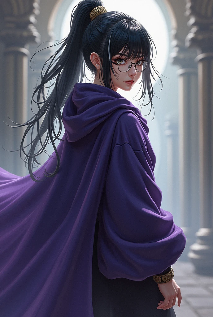 Make a full body character concept sheet of a girl, clear skin, Black hair with white streaks and hip-length hair tied in a bun with a loose side bang, round glasses, purple-cloaked sorceress. Martial arts and magic accessories in your hands. With a serious and somewhat gloomy expression