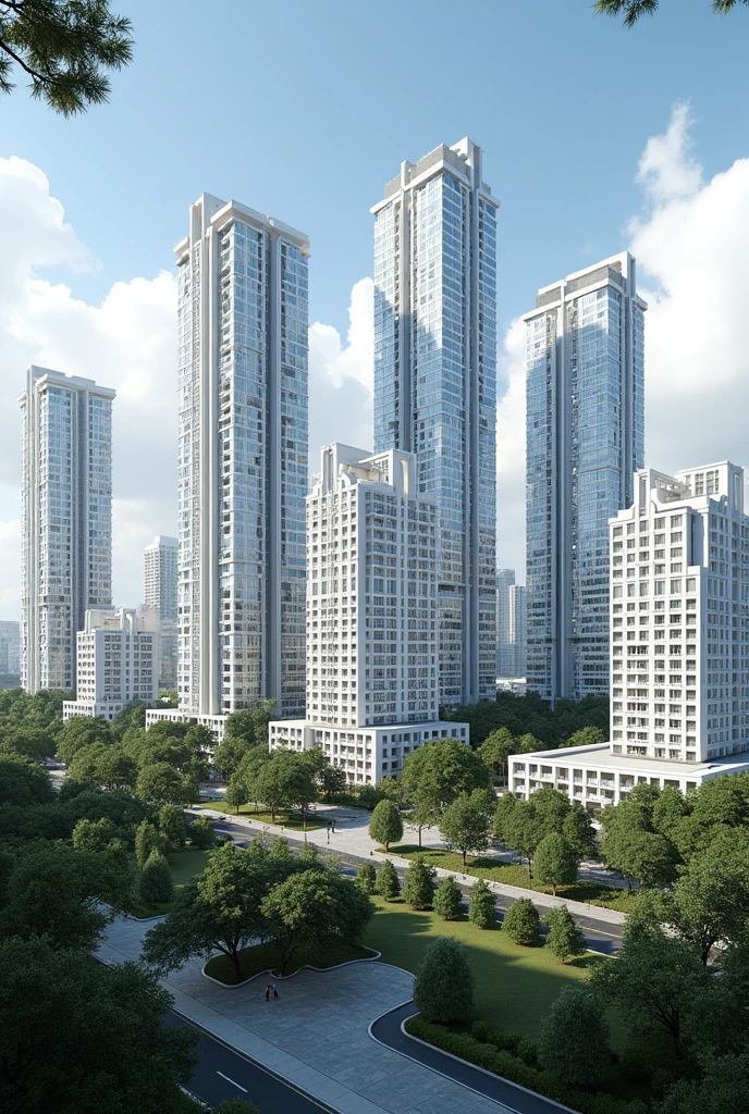 Dystopian universe concept art about a monumental condominium that has a wall of buildings protecting it, Like a futuristic version of a medieval fiefdom. Buildings should be more colorful, com um aspecto tropical, morros verdejantes ao fundo, o mangue embaixo, a beira-mar em frente. concrete buildings, Neoclassical. An immense wall of copper buildings protects the city, uma muralha moderna. Megalomaniac, fantasioso, dystopic