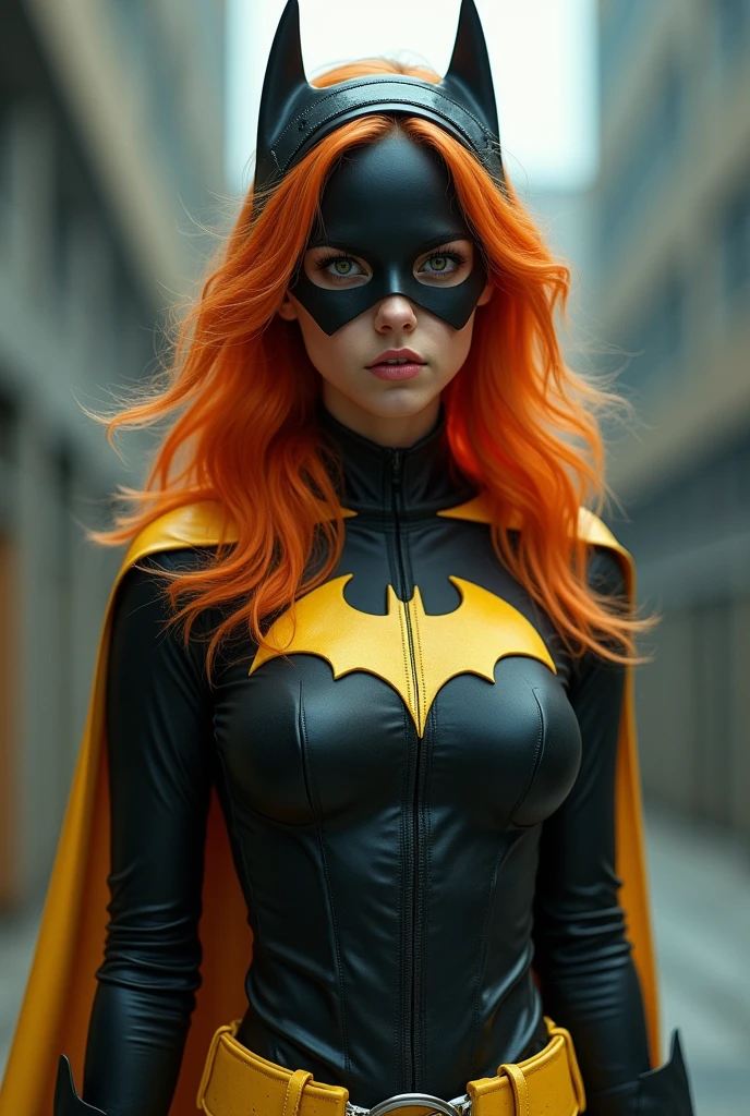 A TEEN FEMALE WITH A SEXY BODY, LONG ORANGE HAIR AND GREEN EYES WEARING A COMPLETE BATGIRL COSTUME AND CAPE. ABSURD 8K RESOLUTION, INCREDIBLY DETAILED SKIN AND EYES, FULL BODY