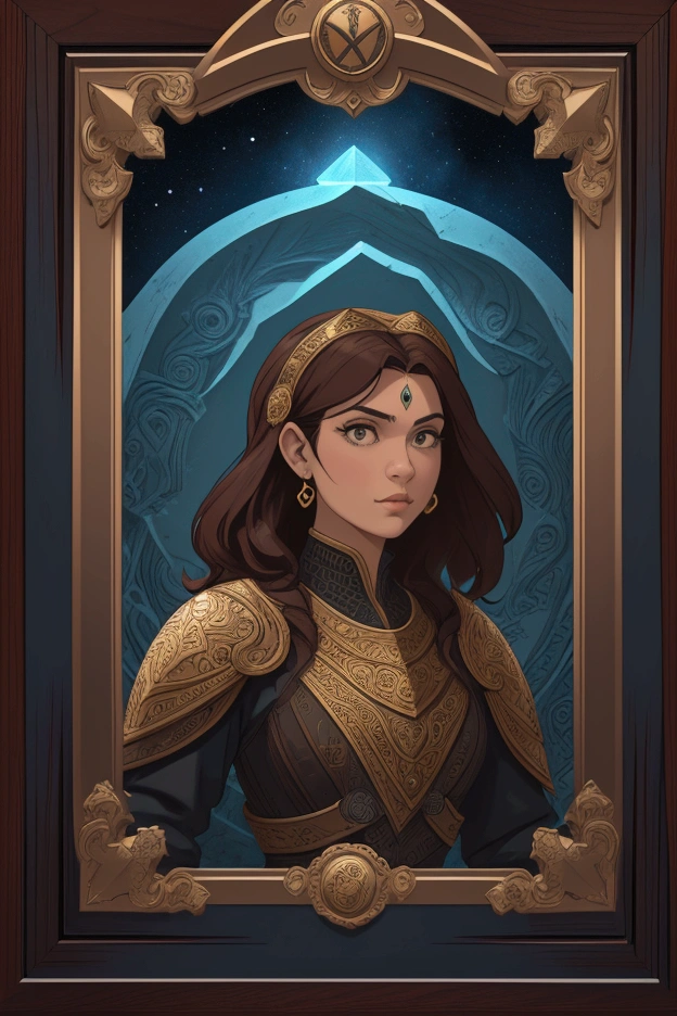 Design a 3D-stylized card frame with a rugged, ancient look, similar to the image provided. The frame should be thick, with prominent corners that give it a solid, fortified appearance. Use a dark, reddish-brown color for the base, resembling aged wood or tarnished bronze.
At the top center of the frame, include a small, shield-like emblem or notch, similar to the one in the image. The inner border of the frame should have subtle engravings, giving it a detailed, handcrafted feel. On the top-left corner, add a small, circular area for displaying numbers or icons, with a slightly raised, metallic look.
The frame should be designed to contain a vibrant, glowing central image, with space for text at the bottom. The text area should be bordered by thin, intricate lines, adding to the overall ancient and mystical theme. Make sure the frame has a worn, battle-tested feel, as if it's been through many epic encounters.
