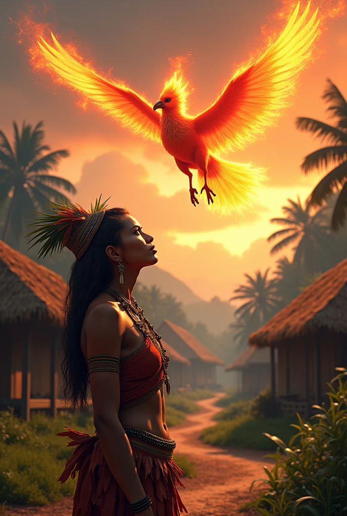 a Brazilian indigenous woman looking at the sky of a village being flown over by a firebird like the Pokémon Moltres