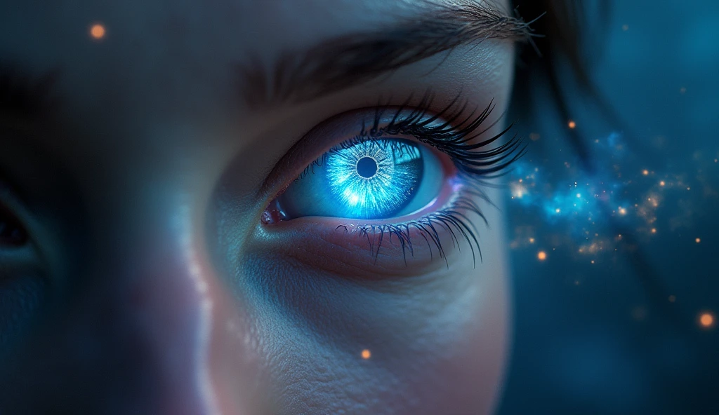 A close-up shot of a person's eye with a glowing, ethereal light emanating from within, symbolizing the "third eye." The background is a dark, starry sky with hints of nebulae and celestial patterns. The image should evoke a sense of mysticism and discovery. --ar 16:9