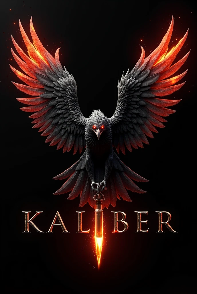 All black red eyed fire hawk with a bullet going through the word kaliber below it and a black background