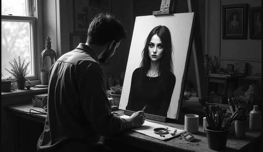 a picture of a man, who is in a small studio painting, the painting is of a woman with long hair and a pale smile, the woman in the painting is dressed all in black, and her eyes are staring intently at the artist with a scary face, making goosebumps rise. around the artist there are several paintings and painting tools. around looked messy. black and white background