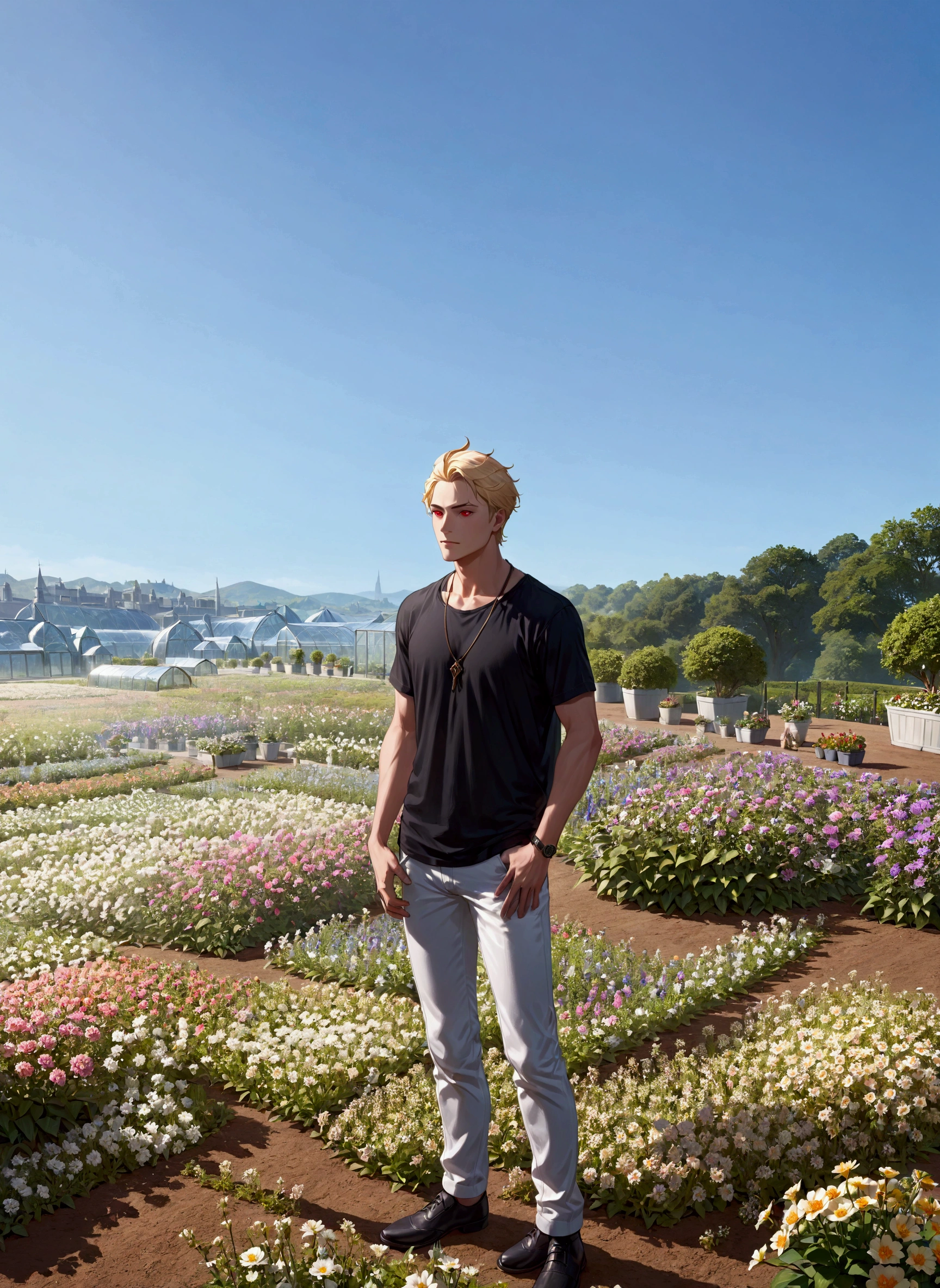 extremely delicate and beautiful, Amazing, finely detail, masterpiece, ultra-detailed, highres,best illustration, best shadow,intricate,sharp focus, high quality, 1male, solo, blond hair. red eyes, kaveh genshin impact, glass greenhouse, flowers in pots, flowers for sale, man looking at flowers, flowers everywhere
