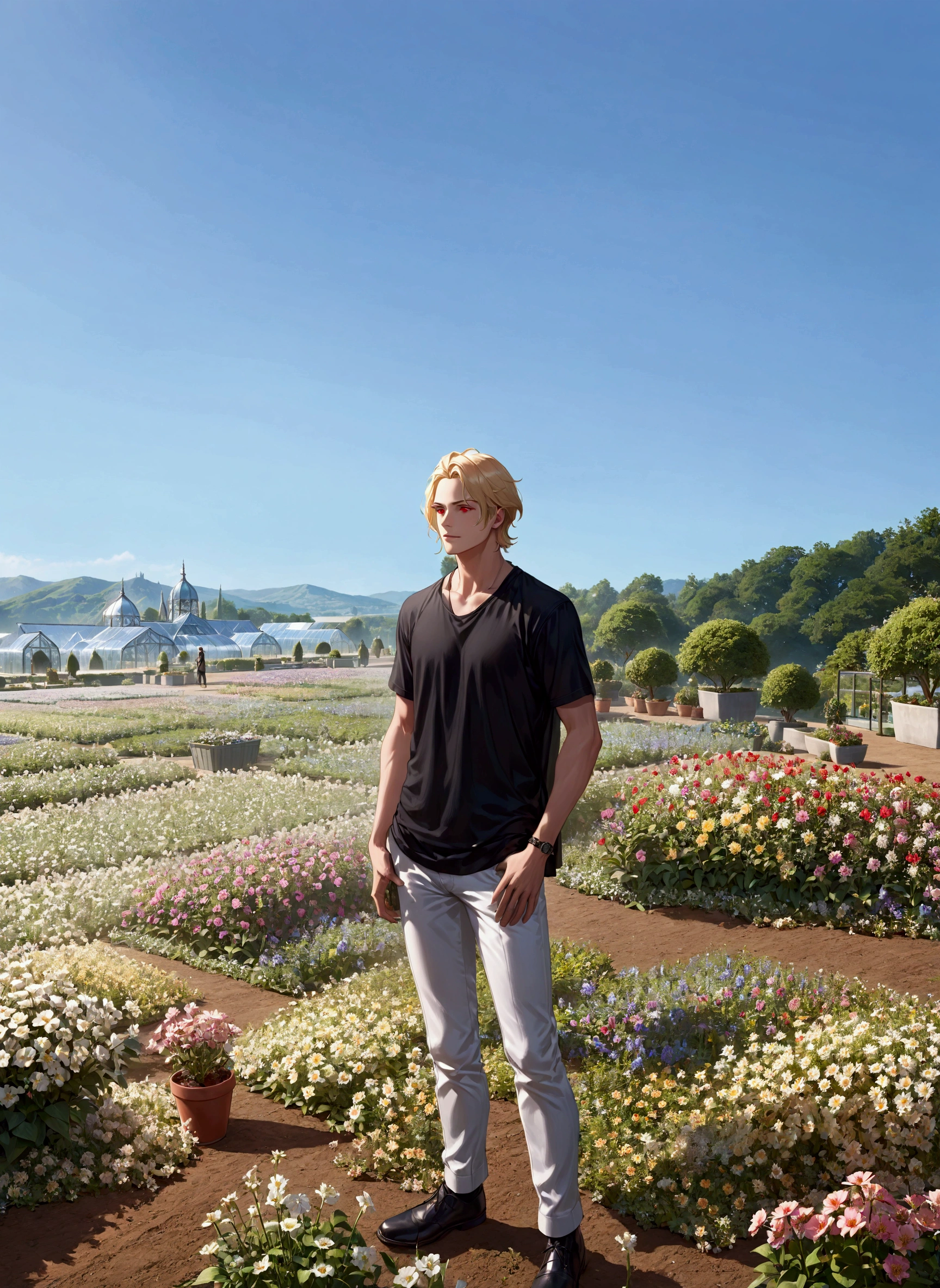 extremely delicate and beautiful, Amazing, finely detail, masterpiece, ultra-detailed, highres,best illustration, best shadow,intricate,sharp focus, high quality, 1male, solo, blond hair. red eyes, kaveh genshin impact, glass greenhouse, flowers in pots, flowers for sale, man looking at flowers, flowers everywhere