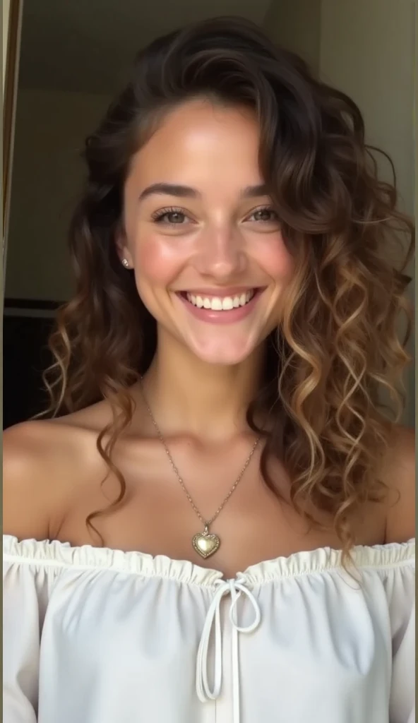 1girl, curly hair, off-the-shoulder white blouse, heart pendant necklace, smiling, internal environment lighting, detailed face, beautiful eyes, delicate lips, cinematic lighting, 8k, photorealistic, masterpiece, portrait