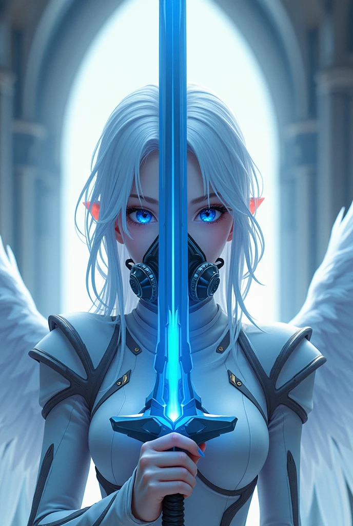 Anime girl with snow white hair, ocean blue eyes, white skin color, white warrior outfit, and with angel style, with a badass gas mask. Holding a large blue sword weapon in front of his face.