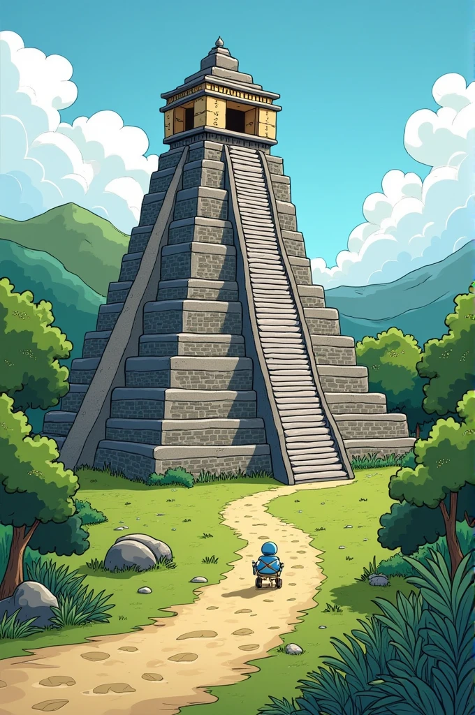 The number #5 in front of the tikal tower of guatemala cartoon