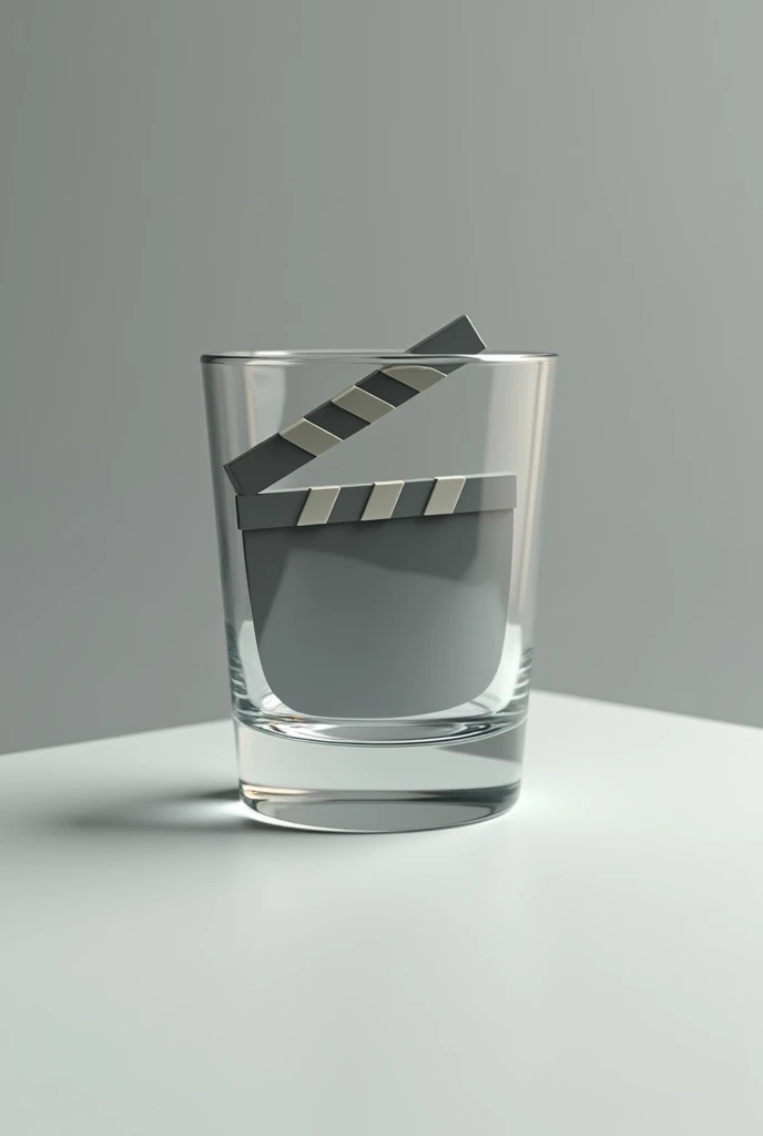 An image for the logo of a channel for film cuts where the image should contain a clapperboard diagonally inside a shot glass but the clapperboard should not be completely inside the glass just a tip of it, without any liquid inside the glass and the clapperboard should only be with the lower left diagonal inside the glass, pull the claquete inside after
