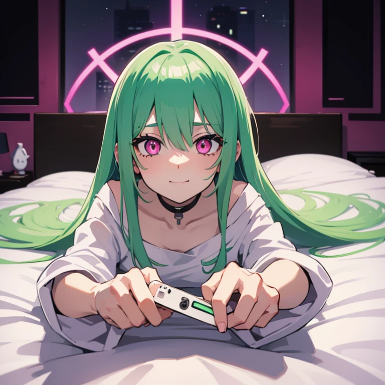 Better quality images, anime style, neon pink eyes, very detailed background, perfect lighting, Whole body, plano lateral, a young woman, 20 years, height 171 cm, alone, long mint green hair, white pajamas, She is lying face down on the bed, In his bedroom, holds his cell phone, He has a happy expression
