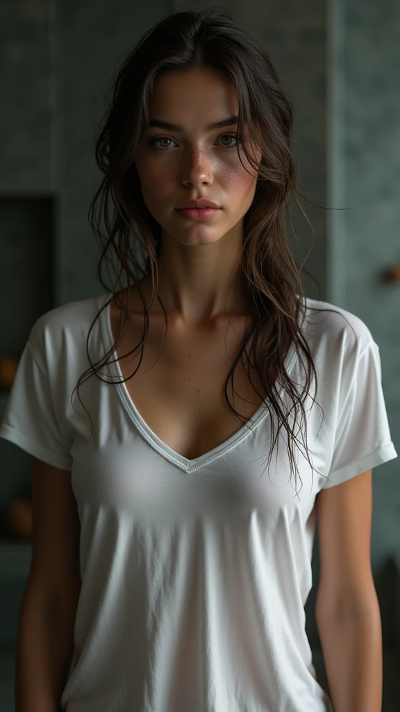 (masterpiece, photorealistic:1.4, extremely intricate:1.3, radiosity, photon mapping, dtx, 8K), ((((full figure, sexy wet white t-shirt, humid, [medium breasts:large breasts:0.8])), humid, [skin detail:freckles:0.7], natural, 19 year age supermodel), dark room, ((stone shower, glass shower, clean)))
