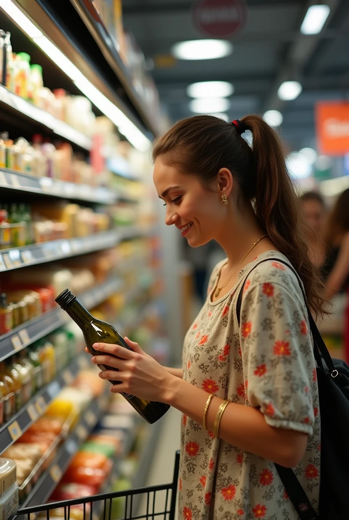 In the lively scene of people shopping in a busy supermarket, a multitude of colors and textures fill the 1125px by 810px screen. The atmosphere is vibrant and full of energy as shoppers move about, filling their carts with a variety of products.
To one side, a young woman of almost thirty years old, with long, wavy brown hair pulled back into a stylish ponytail, leans over to examine the label on a bottle of olive oil. His arms are bare, revealing a delicate, gold bracelet on the wrist. She wears a loose blouse with a cheerful print and her lips curve into a playful smile as she looks